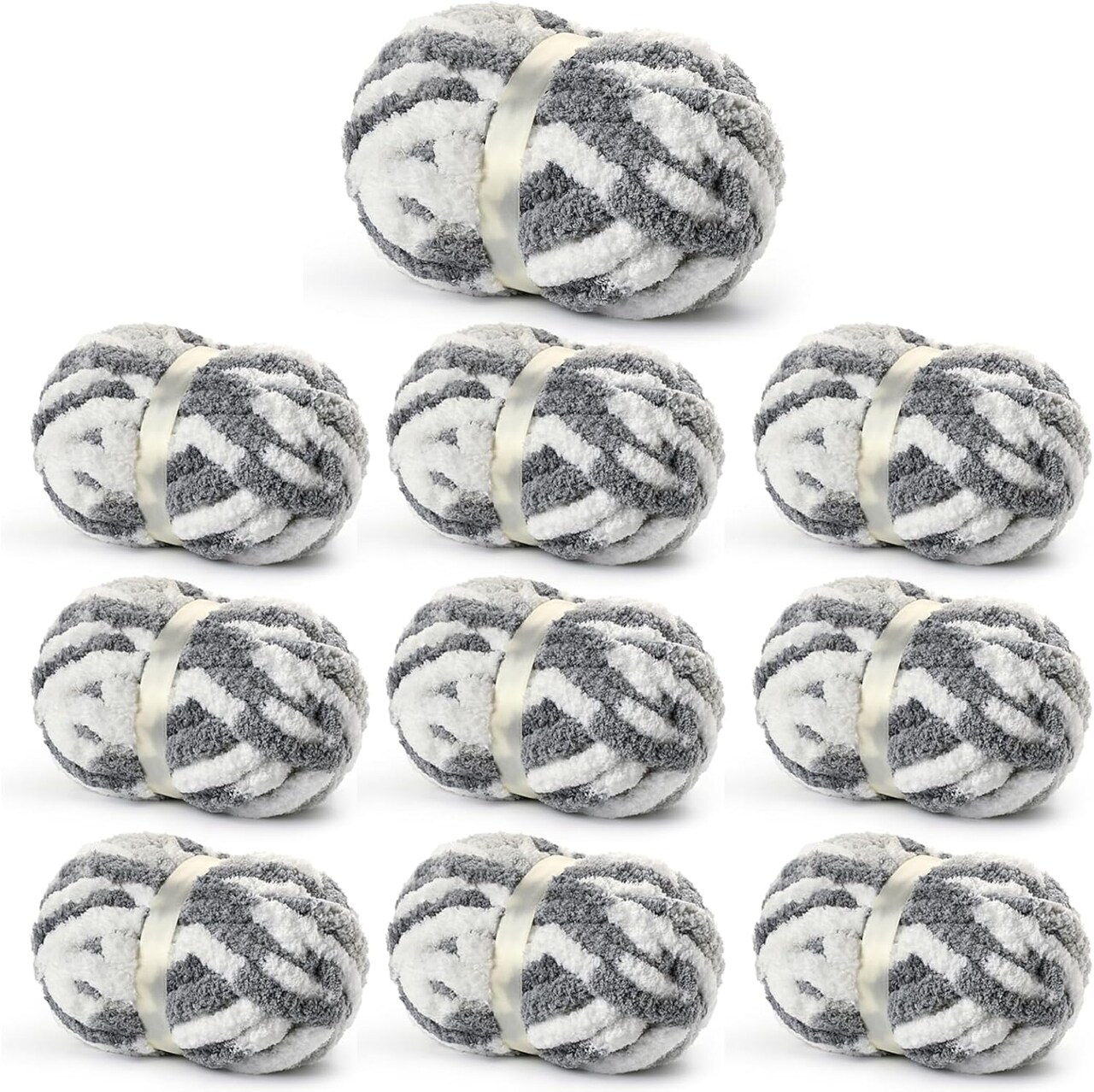 10-Pack Chunky Chenille Yarn – Super Bulky Fluffy Yarn for Crochet & Hand Knitting, 7.05 oz / 24 Yards Each, Jumbo Variegated Yarn for Baby Blankets, Cushions & DIY Crafts (White-Grey)